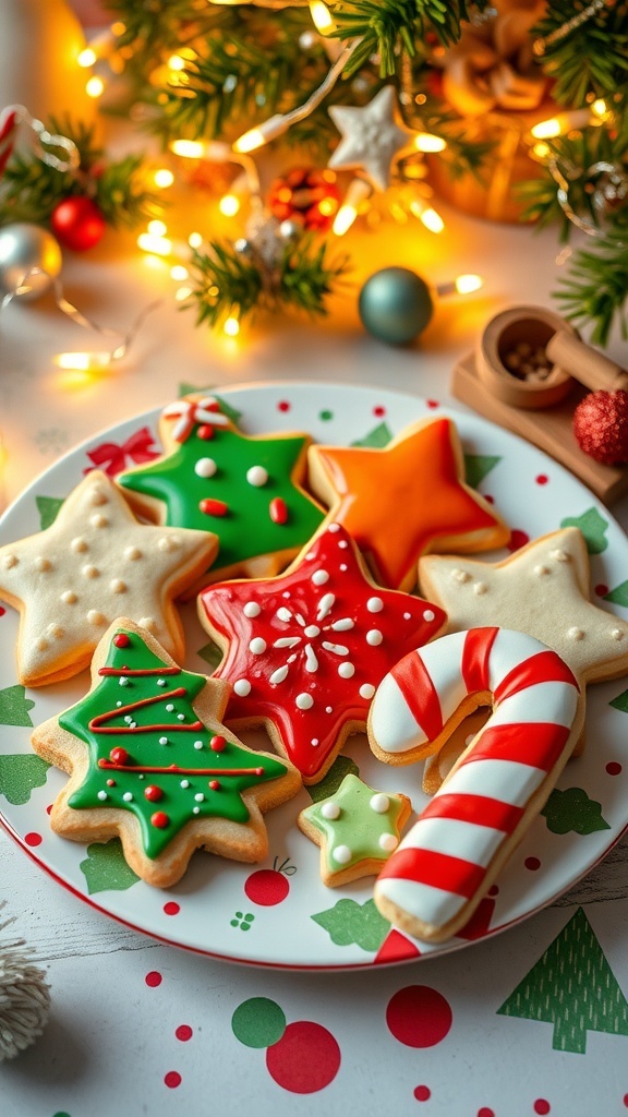 A plate of decorated Christmas cookies in festive shapes, surrounded by holiday decorations.
